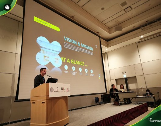 SwiftPharma presenting its vision and mission on stage at BioJapan, PACIFICO Yokohama